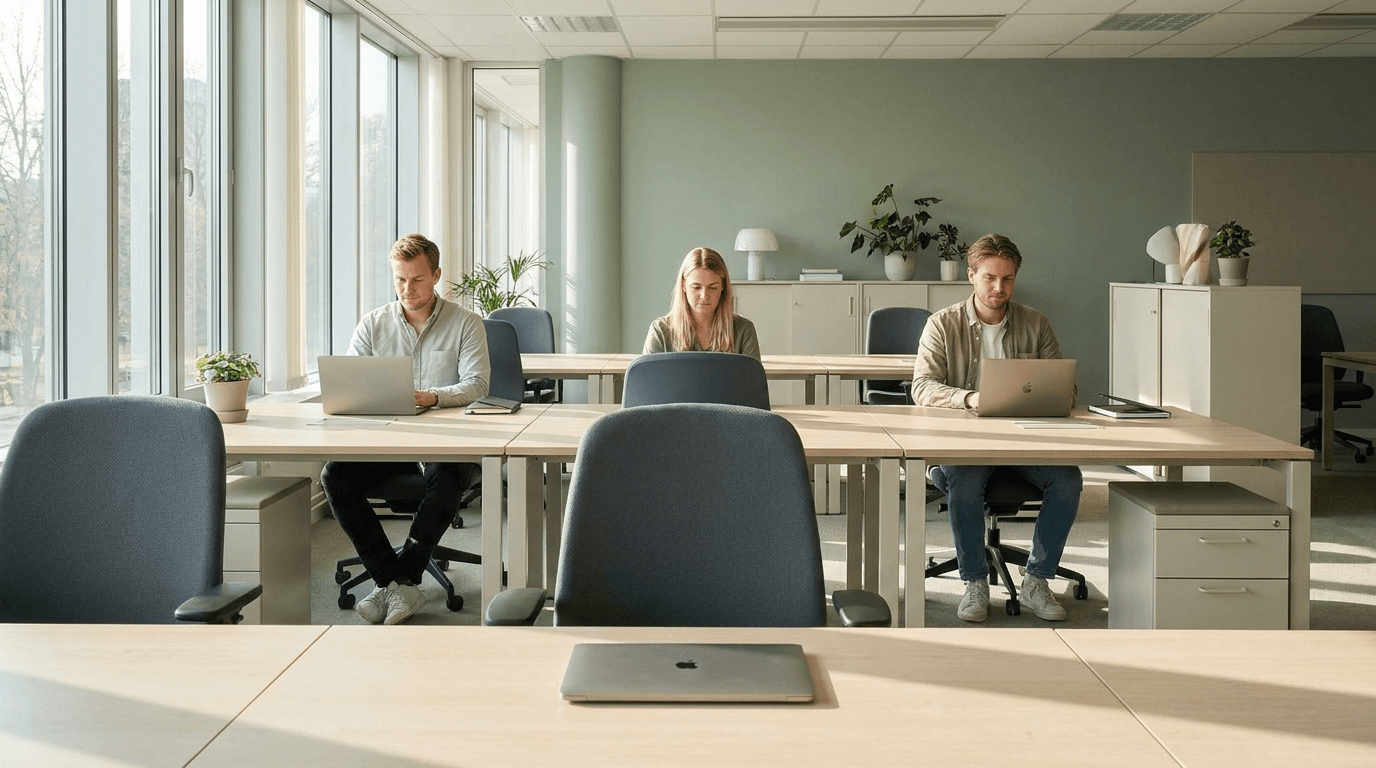 A small business office in the morning: colleagues working at their desks, one desk empty with its laptop closed